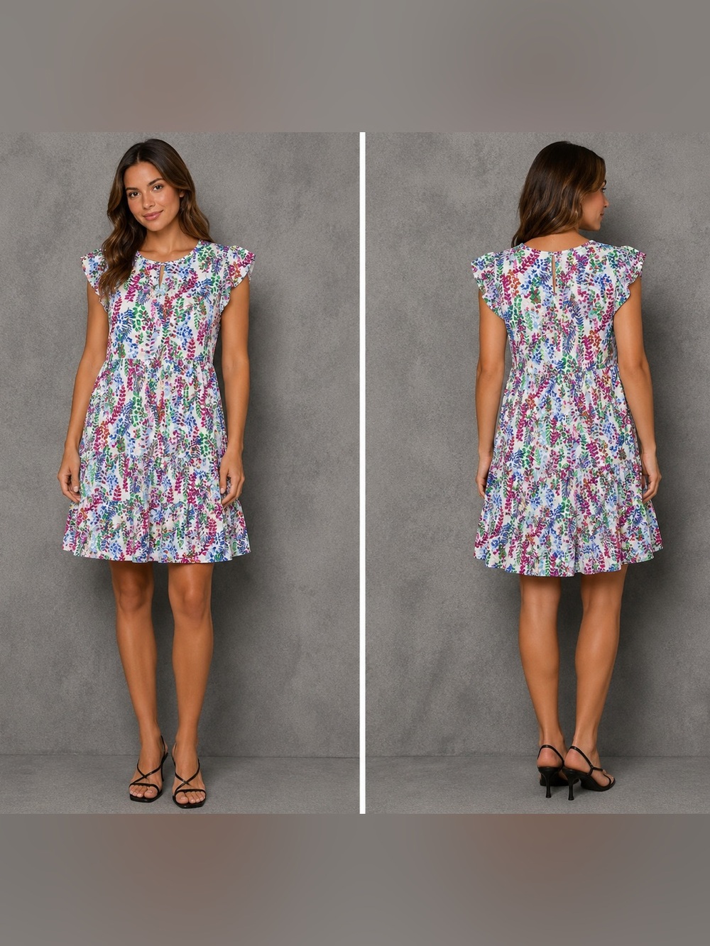 Floral Ruffle-Sleeve Mini Dress - White Multi
